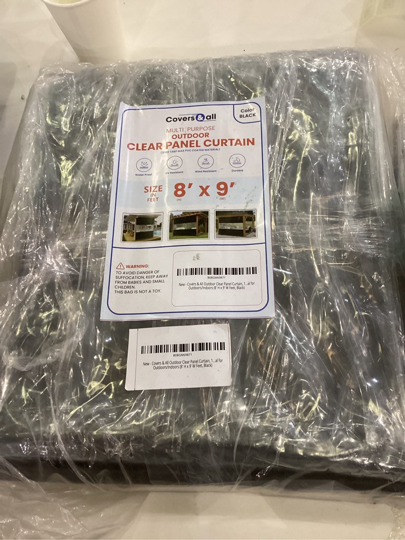 Condition photo showing New/Like New for Covers & All Outdoor Clear Panel Curtain, 12 oz Vinyl Outdor Curtains for Patio, Waterproof & Weather Resistant Tarp with Brass Grommets for Pergola, Porch, Gazebos, Balcony (8'H x 9'W Feet, Black) Black 8x9