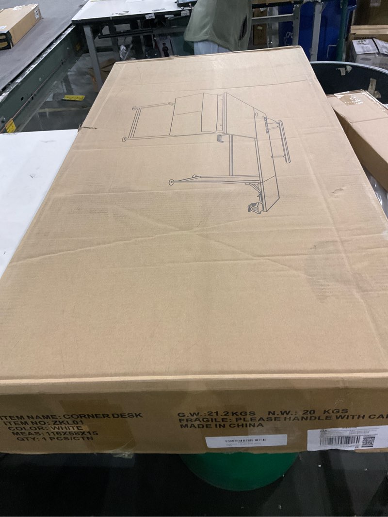 Condition photo showing As Is for L Shaped Gaming Desk with Desk Extender, Smart Corner Computer Desk with LED Lights & Power Outlets, Monitor Stand, Storage Bag, for Work, Home Office, Bedroom, Study (White)