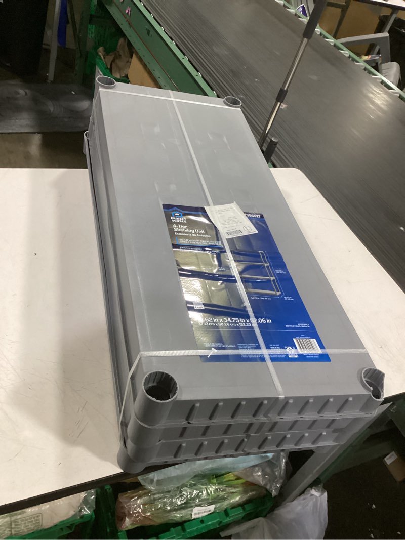 Condition photo showing Good Condition for project source plastic 4-tier utility shelving unit (34.75-in w x 15.06-in d x 52.625-in h), gray, (50-lb capacity per shelf)