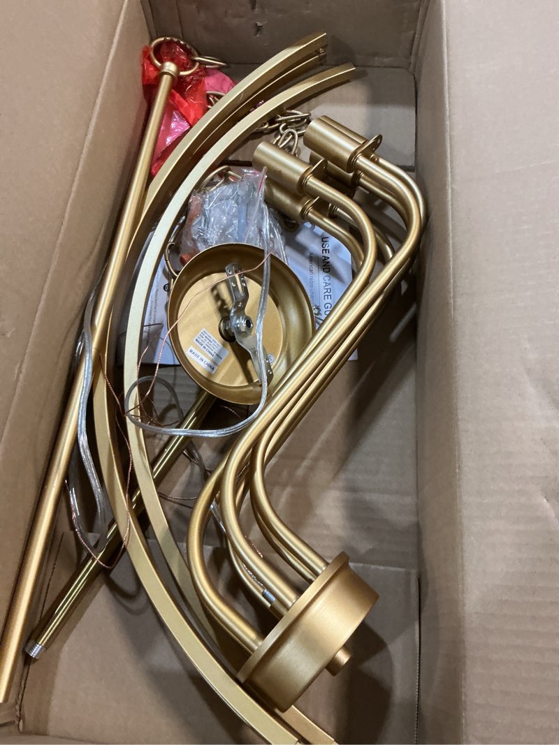 Condition photo showing As Is for 6 light gold chandelier, brushed gold light fixture dining table candle brass chandelier lighting for bedroom hallway entryway living room kitchen 29in brushed brass chandeliers gold 6-light