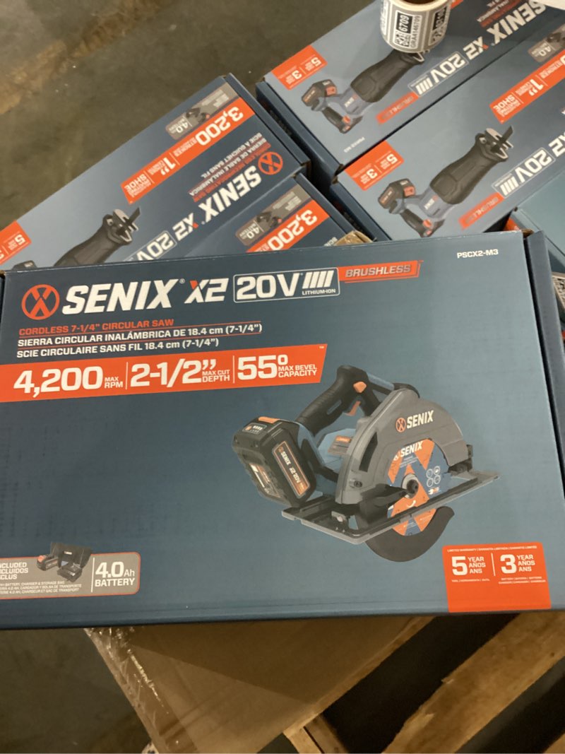 Condition photo showing New/Like New for senix 20 volt max* 7-1/4" cordless circular saw, brushless motor, led work light, 55 degree bevel, battery, charger, & storage bag included (pscx2-m3)