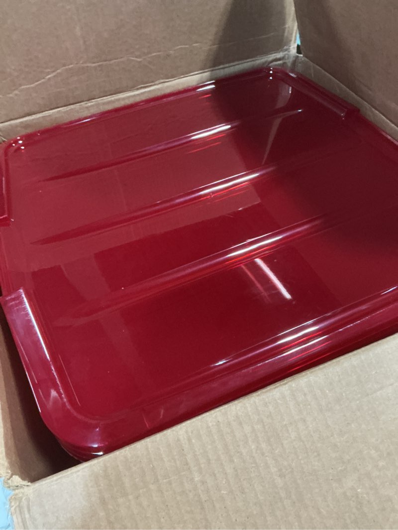 Condition photo showing New/Like New for iris usa 33 quart christmas wreath storage container box with lid, 3-pack, stackable under bed storage organizer bin with latching buckles for 20" wreaths christmas decorations garlands, clear/red 20" wreath - 3-pack