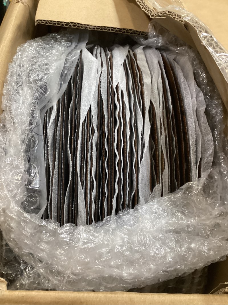 Condition photo showing As Is for jevergn 24 pack farmhouse charger plates, 13'' faux wood chargers for dinner plates, brown plate chargers set of 24, round plastic charger for wedding, party event, dinner, table setting