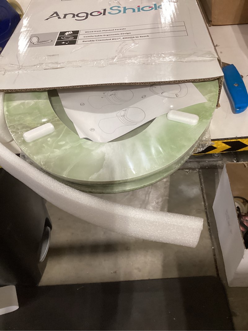 Condition photo showing New/Like New for elongated toilet seat natural wood toilet seat with zinc alloy hinges, easy to install also easy to clean, anti-pinch marble toilet seat by angol shiold (elongated, green marble) elongated-18.5” green marble