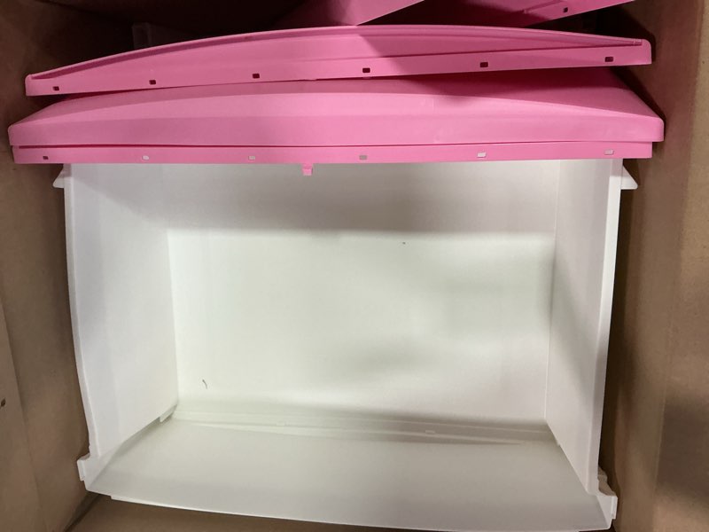 Condition photo showing As Is for IRIS USA 4 Slim Drawer Storage, Organizer Unit for Bedroom, Closet, Kitchen, Bathroom, Laundry Room, Dorm, White Frame with Matte Soft-Pink Front Panels, Set of 1