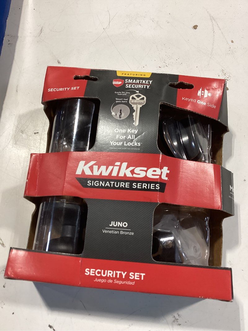 Condition photo showing As Is for kwikset juno venetian bronze exterior entry door knob and single cylinder deadbolt combo pack featuring smartkey security