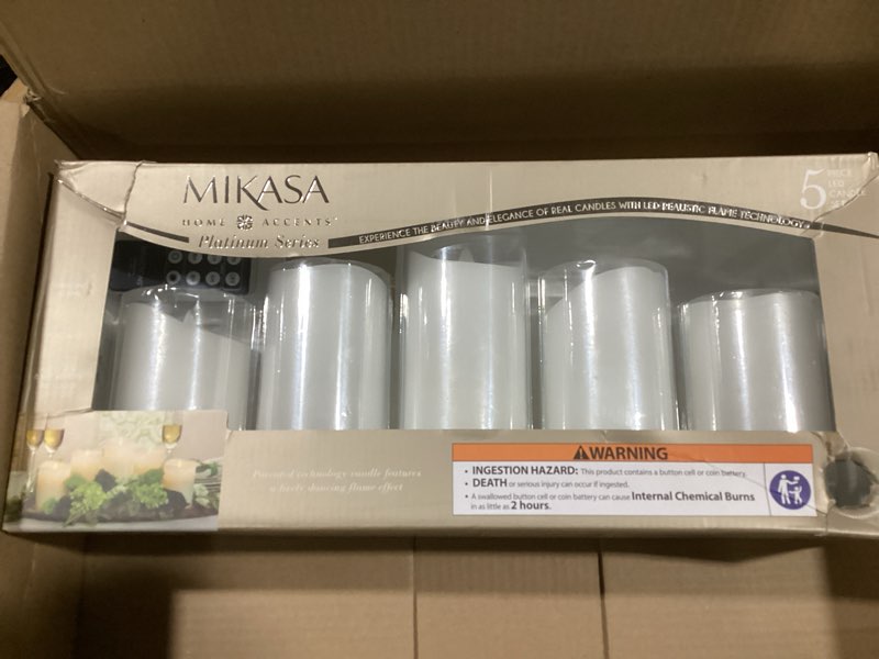 Condition photo showing New/Like New for Mikasa Real Wax Wavy Top Dancing Flameless Candles, Exquisite White Battery Candles for Wedding, Christmas Decorations, and Everyday, Set of 5, (2) 3x4, (2) 3x5, 3x6 Inch