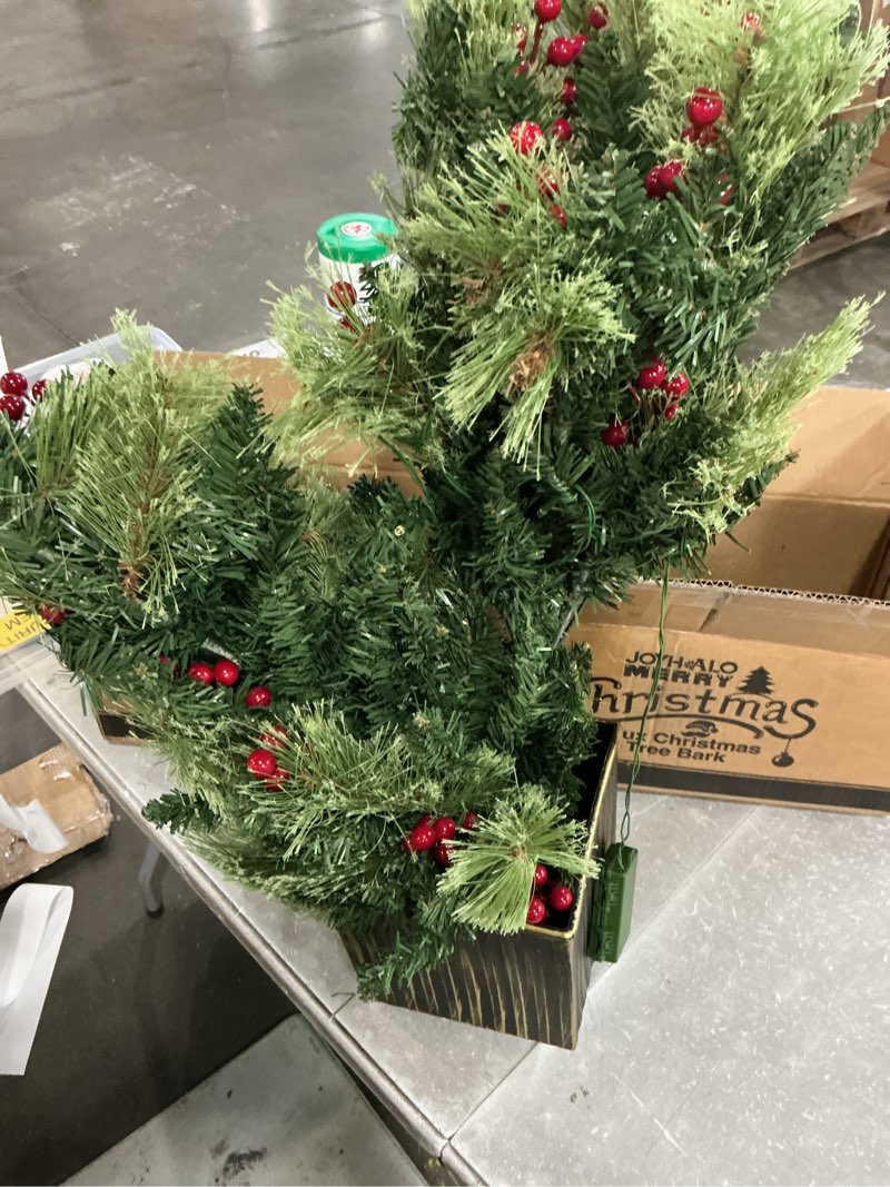 Condition photo showing As Is for 1 pack 4 ft artificial christmas entrance tree in fake wooden box base with 60 leds warm white light timer waterproof battery box operated 140 branches 14 pinecone 12 berries xmas decor for door porch