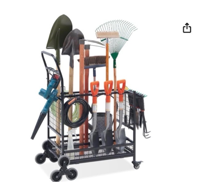 lauren&harold garden tool organizer for garage, yard tools storage rack with 2 stair-climbing wheels