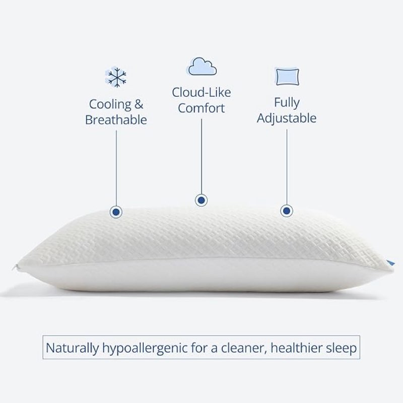 cosy house collection luxury rayon derived from bamboo shredded memory foam pillow - adjustable & removable fill - cool & breathable cover with zipper for side, back, & stomach sleepers (queen)