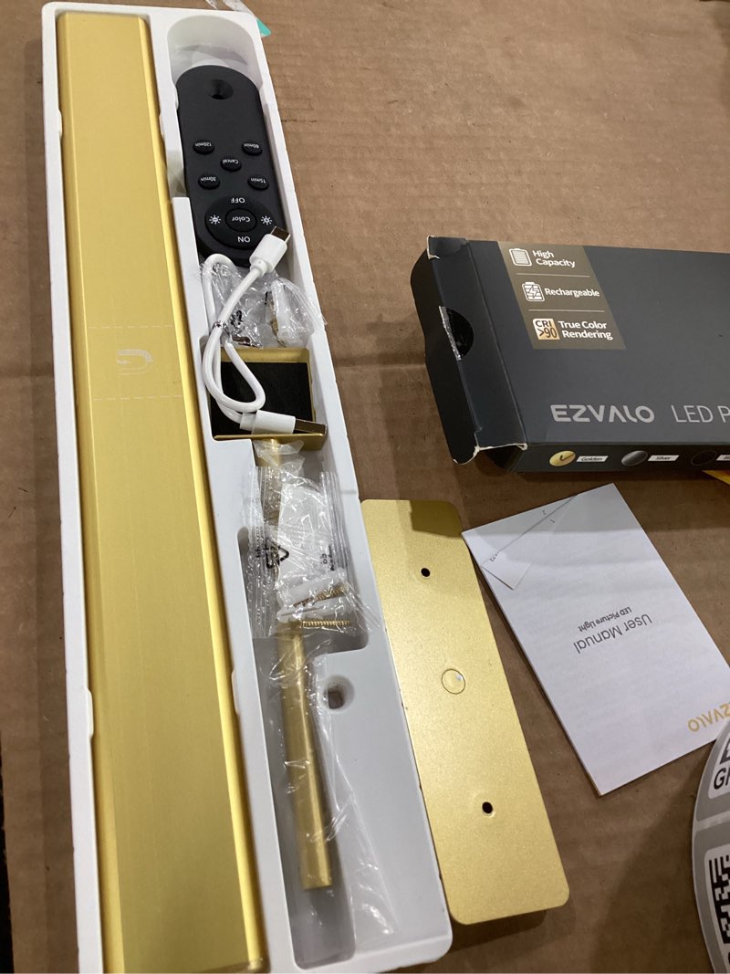 Condition photo showing Good Condition for ezvalo picture light for wall, 4800mah rechargeable wireless remote, 16in dimmable magnetic led art display light with 3 color temperatures, for gallery, living room, bedroom, hallway (gold) gold 16inch 1