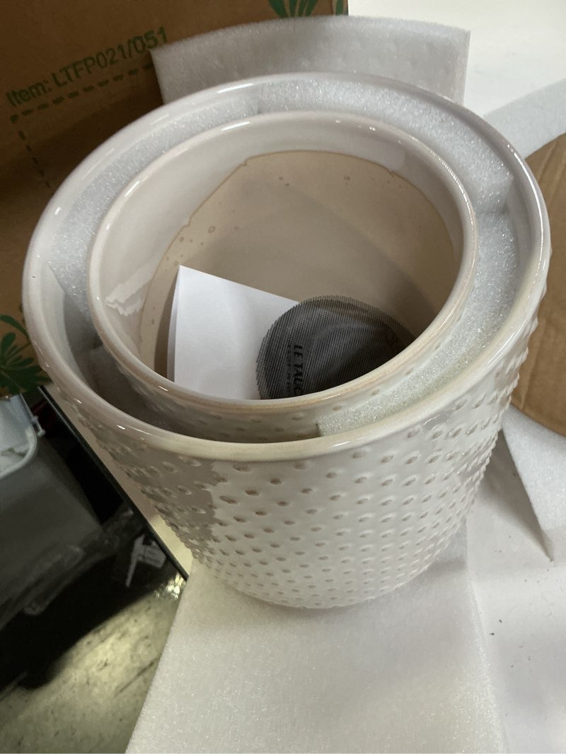 Condition photo showing Good Condition for ((Incomplete))LE TAUCI Ceramic Plant Pots Indoor, 10+8+6 Inch Planters for Indoor Plants, Raised Dots Flower Pots with Drainage Hole and Plug, Cylinder Round Planters, Set of 3, Glaze Arctic White Glaze Arctic White Raised Dots
