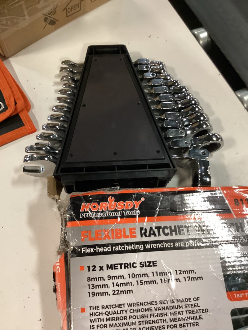 Condition photo showing Good Condition for horusdy 12-piece metric flex-head ratcheting wrench set 8-22mm, cr-v ratchet combination wrenches with 72t 180° flex head, magnetic holder & tool bag for auto, motorcycle, home & repair 12-piece metric flex-head ratcheting - new version