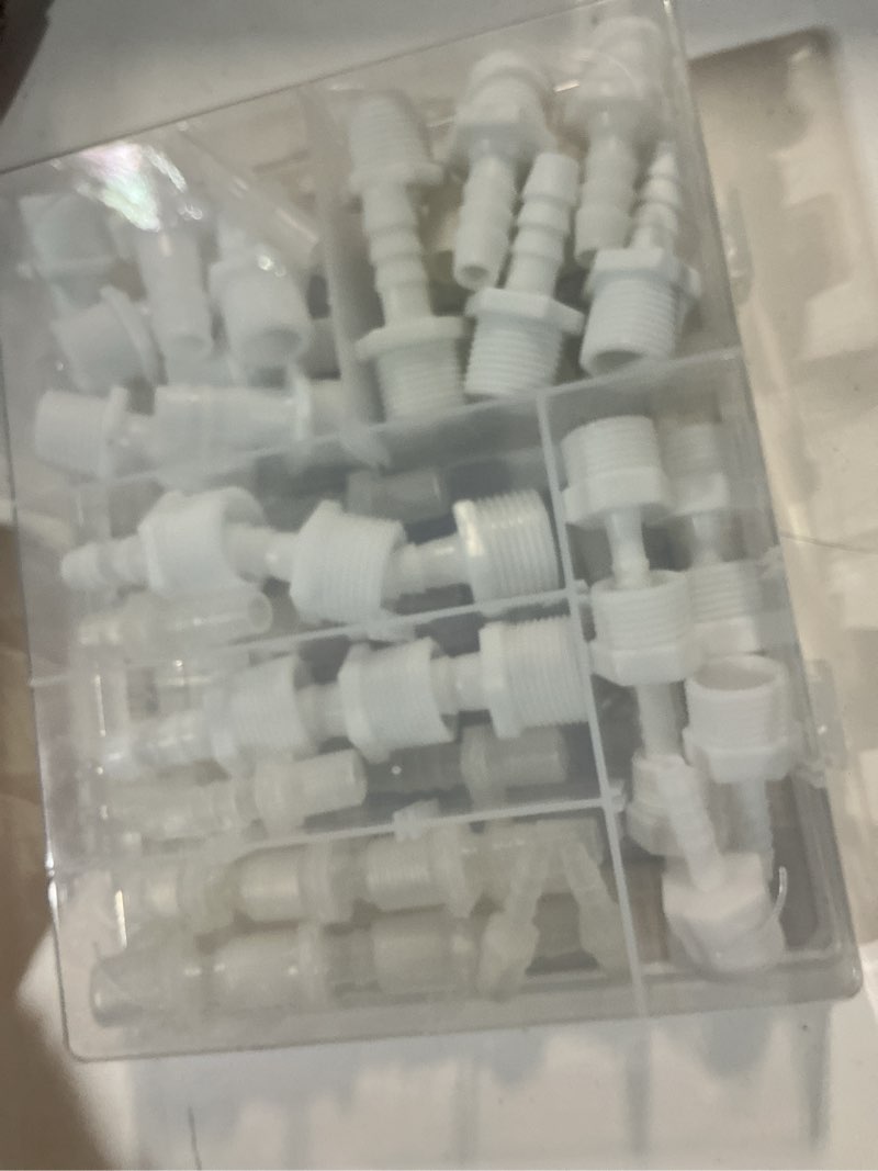 Condition photo showing Good Condition for 62 pcs 10-size hose barb fittings assortment, barb + npt male thread adapter hose fittings, plastic joint splicer and mender union adapters for fuel, gas, liquid, air tubing.