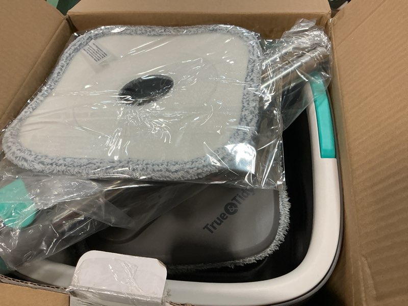 Condition photo showing Good Condition for true & tidy true clean mop and bucket system, includes square spin, dual compartment mop bucket and 2 thick machine washable pads
