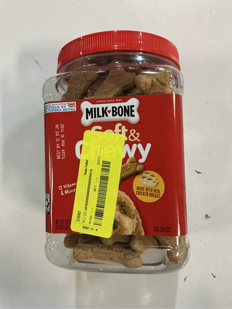 Condition photo showing Good Condition for (best by 12-05-26) milk-bone soft and chewy dog treats  chicken recipe with chicken breast  25oz. bag