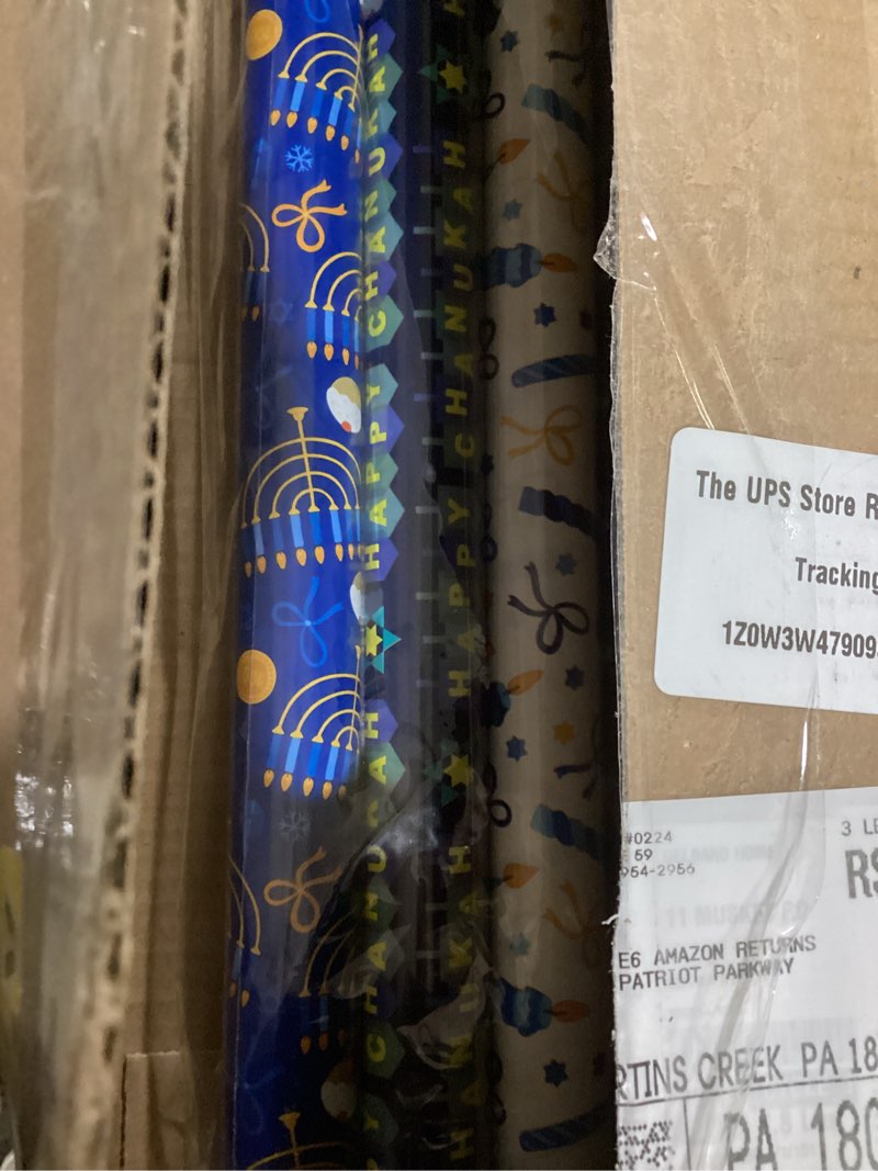 Condition photo showing Good Condition for WRAPAHOLIC 30 Inch Hanukkah Wrapping Paper Roll - Jumbo Roll Menorahs, the Star of David, Candles Design for Chanukah Celebration - 4 Rolls - 30 Inch x 120 Inch Per Roll Hanukkah - 4 Rolls
