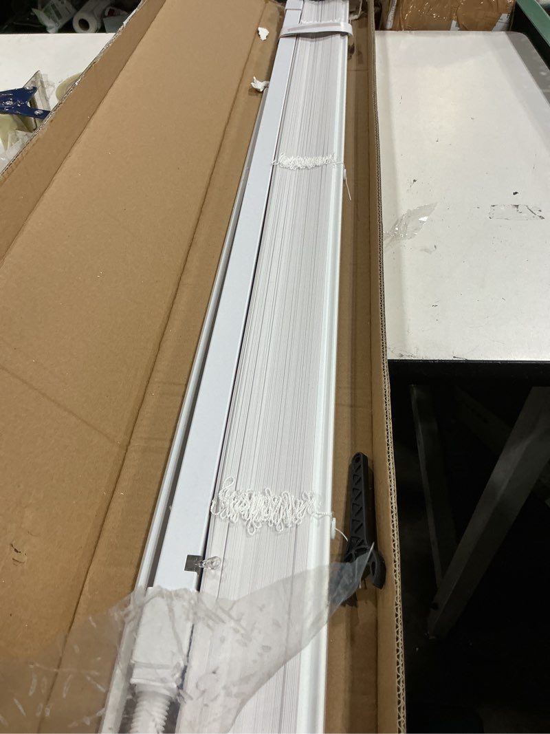 Condition photo showing As Is for no tools no drill cordless mini blinds, 1" l-shaped slats light filtering shades, horizontal vinyl blinds for indoor windows, white,43.5" wx 64" h 43.5"wx 64"h