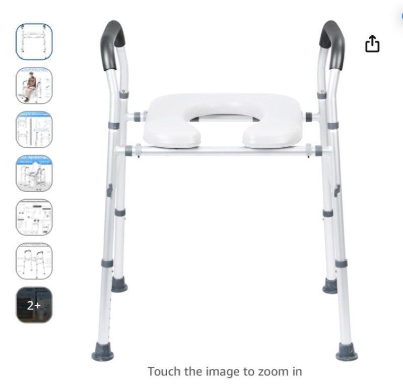 adjustable raised toilet seat with handles for elderly and disabled, 400lbs capacity, padded armrests, 17.5-22.5 inch height adjustment, 21.5-24.5 inch width adjustment white