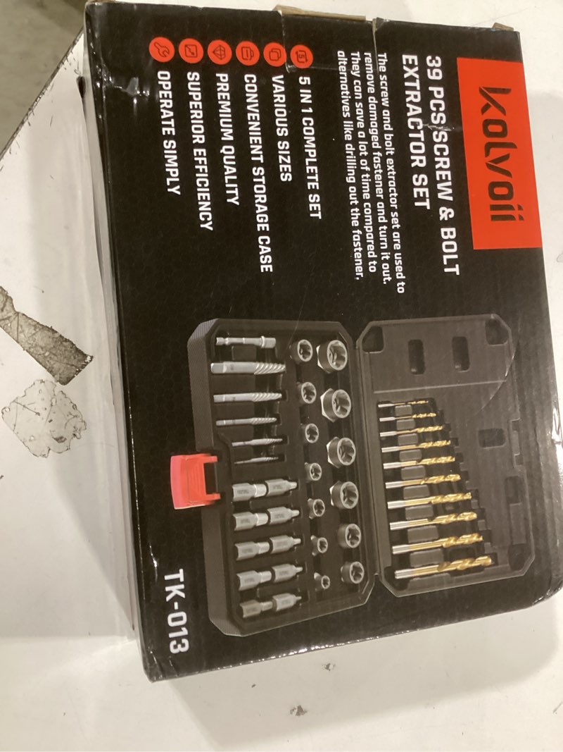 Condition photo showing Good Condition for kolvoii bolt extractor kit, 39 pieces easy out screw extractor set, left hand drill bit set, multi-spline extractors, for removing damaged, stripped, broken, rusted, rounded-off bolts and screws 39 pcs