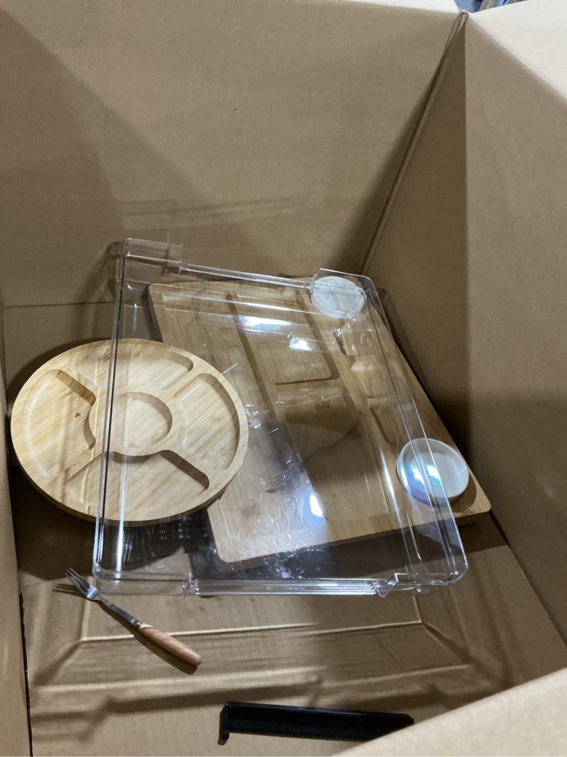 Condition photo showing As Is for Smirly Charcuterie Boards with Lid Large Travel Cheese Charcuterie Boards with Lid, Portable Bamboo Cheese Platters Serving Tray for Home Kitchen Picnics, Housewarming Gifts Wedding Gifts for Couples Natural Bamboo Cheese Board With Lid