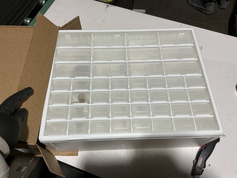 Condition photo showing As Is for Akro-Mils 44-Drawer Plastic Drawer Storage Cabinet for Garage Organization, Bead Organizer, Building Bricks Storage, Teacher Toolbox, Makeup Organizer, 20" W x 6" D x 16" H, 10144 White White 44 Drawer 1 pack