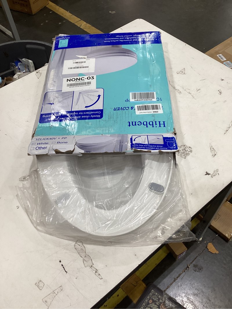Condition photo showing Good Condition for hibbent premium elongated toilet seat with cover quiet close, one-click to quick release, easy installation non-slip seat bumpers, slow close toilet seat and cover, easy cleaning-white color one-click elongated 18.5" white