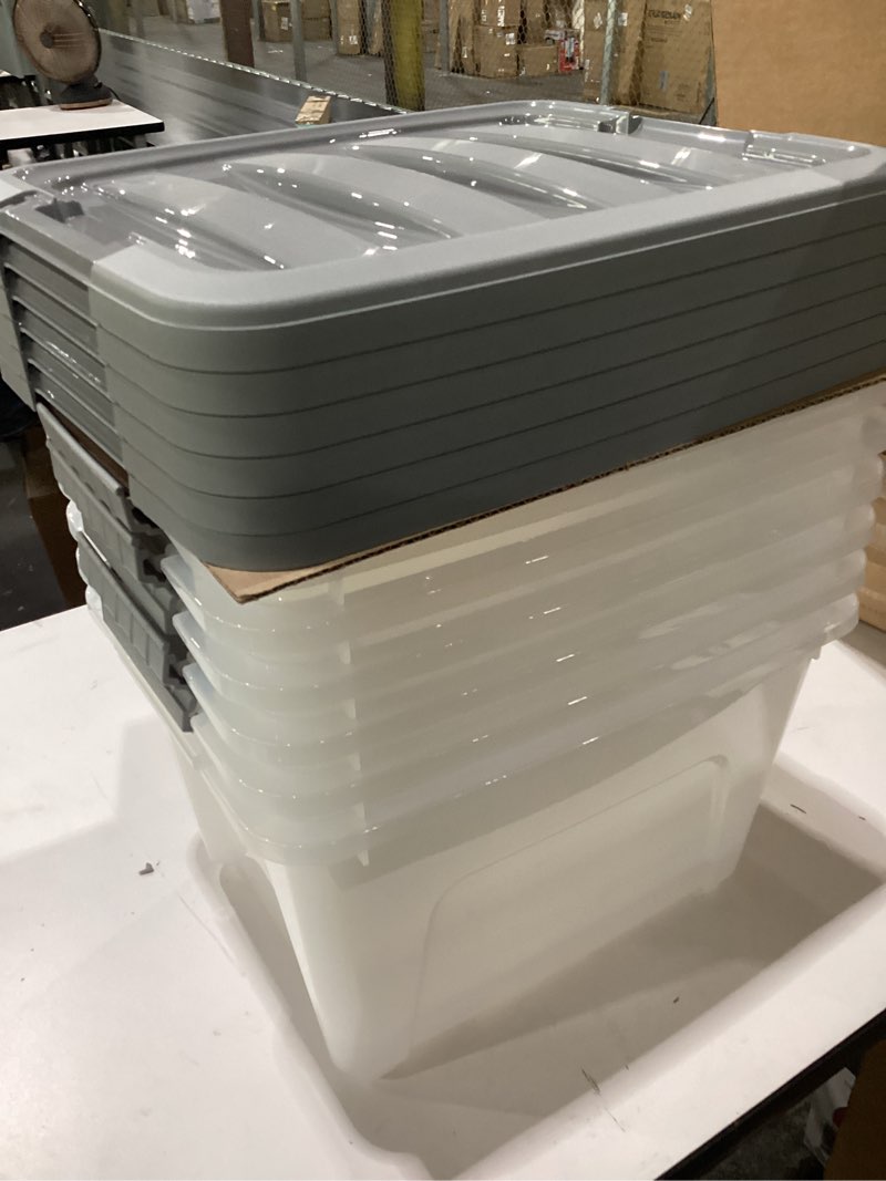 Condition photo showing New/Like New for amazon basics plastic storage containers with secure latching lids, stackable organization bins, clear/grey, 19 quart, set of 6 19 qt. - 6 pack