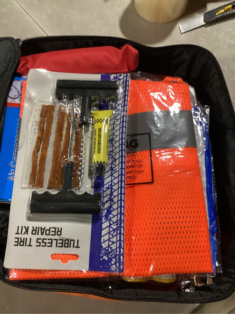 Condition photo showing Good Condition for Car Emergency Safety Kit Bag with Portable Air Compressor, Jumper Cables,First Aid Kit, Tire Pressure Gauge, Auto Vehicle Safety Road Side Assistance Kits Essentials,for Women, Men, Teen Ultimate Roadside Kit