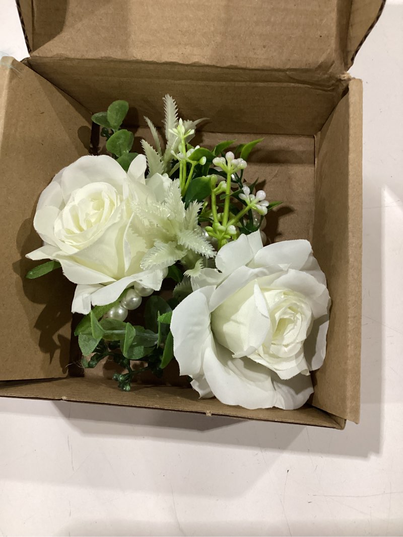 Condition photo showing New/Like New for white corsage and boutonniere set, ivory boutonniere, prom flower wrist corsage bracelets, homecoming corsage wristlet, men boutonniere for wedding flowers accessories prom suit decorations 1 boutonniere & 1 wrist corsage white