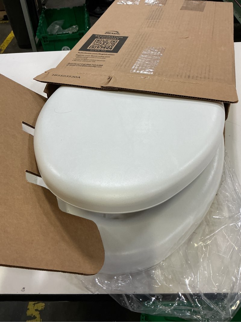 Condition photo showing As Is for mayfair padded toilet seat, cushioned soft vinyl over wood core seat, secure hinges, easy clean, made in usa, elongated, white