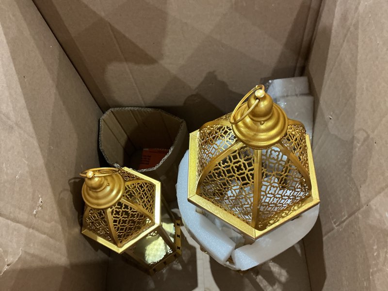 Condition photo showing As Is for similar to vela lanterns golden tower temple moroccan lantern lamp decorative candle holders for ramadan decorations, hanging, outdoor patio or porch, indoor home decor, gold, set of 2 (11\" small and 15\" large) set of 2 gold 1