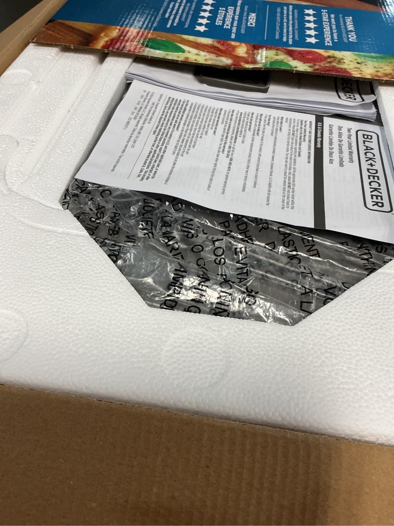 Condition photo showing New/Like New for black + decker crisp  n bake pro 6-slice air fryer toaster oven with basket  pan  rack & tray  stainless steel