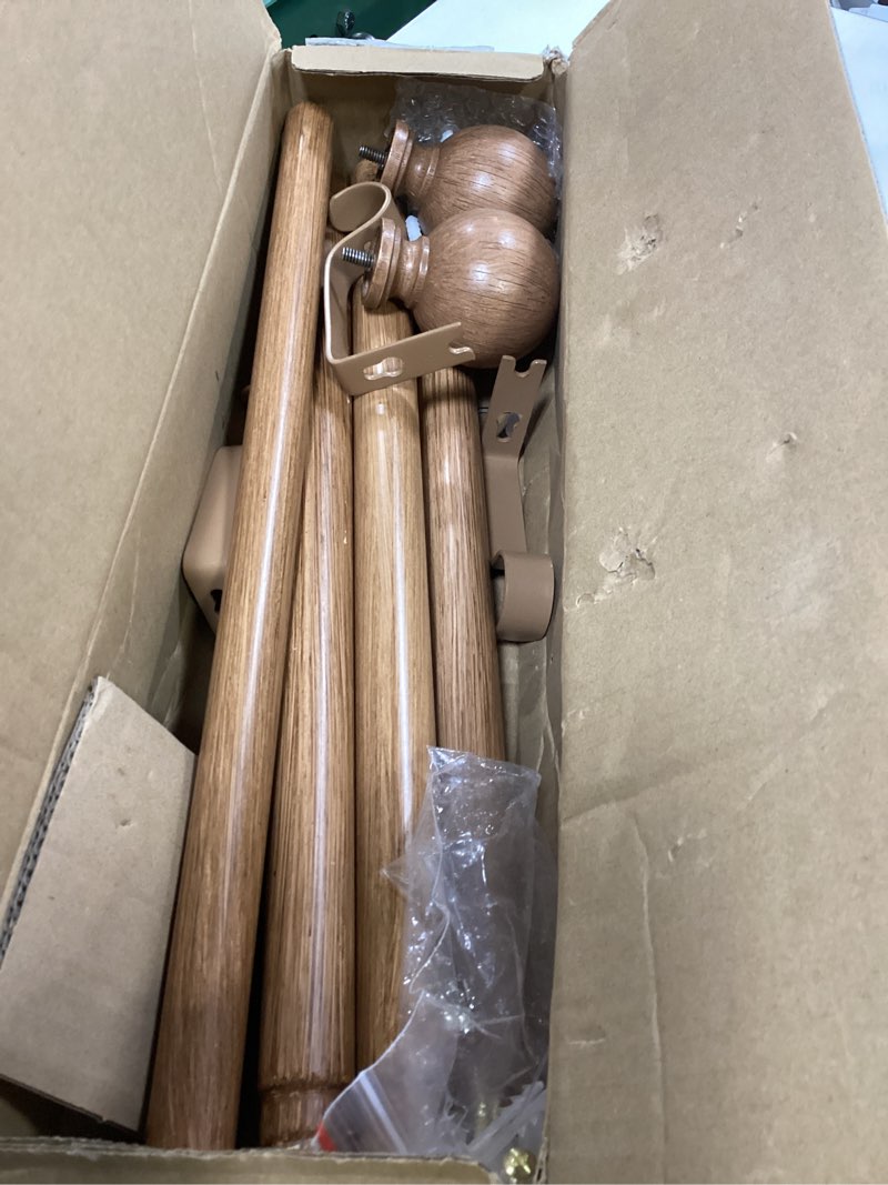 Condition photo showing As Is for wood curtain rods for windows 48 to 84 inch, 1 inch boho decorative vintage drapery rod with faux wooden grain finials, adjustable heavy duty rustic farmhouse spliced metal curtain pole wood 36''-88'' (1 pack)