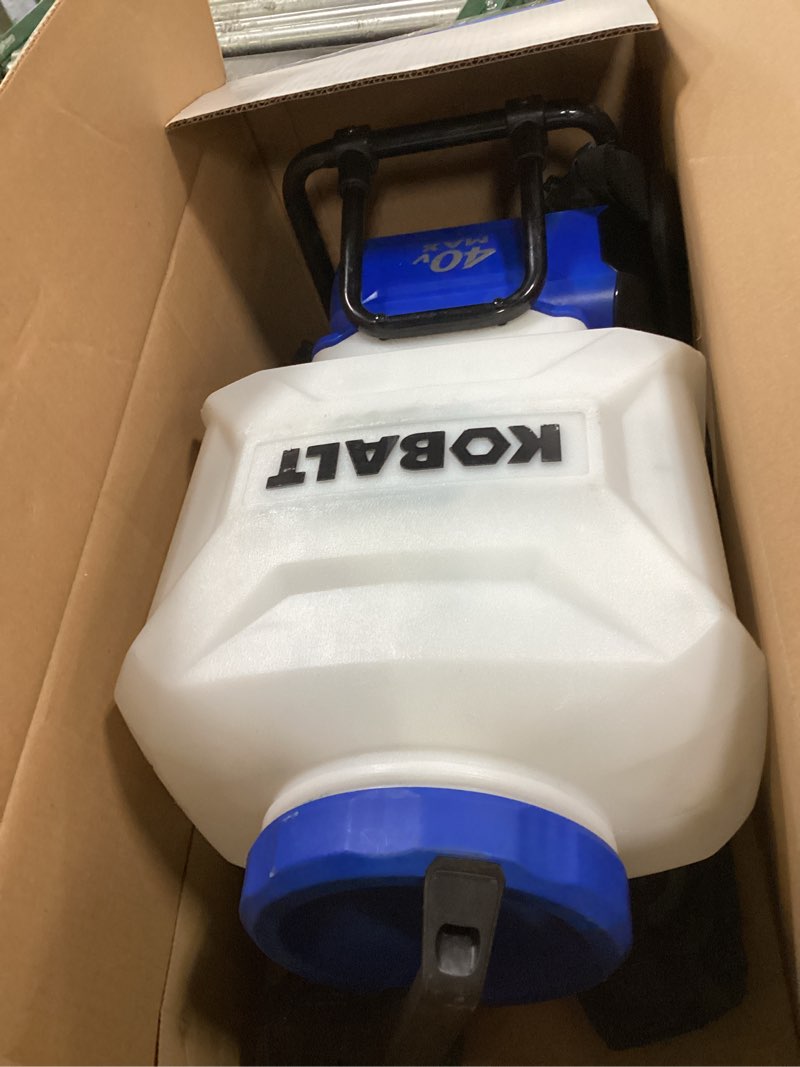 Condition photo showing As Is for kobalt 4-gallon 40-volt battery operated plastic backpack sprayer battery and charger included