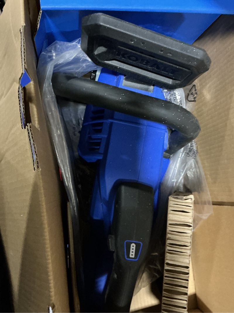 Condition photo showing As Is for kobalt quiet tech 24-volt 12-in battery chainsaw charger not included