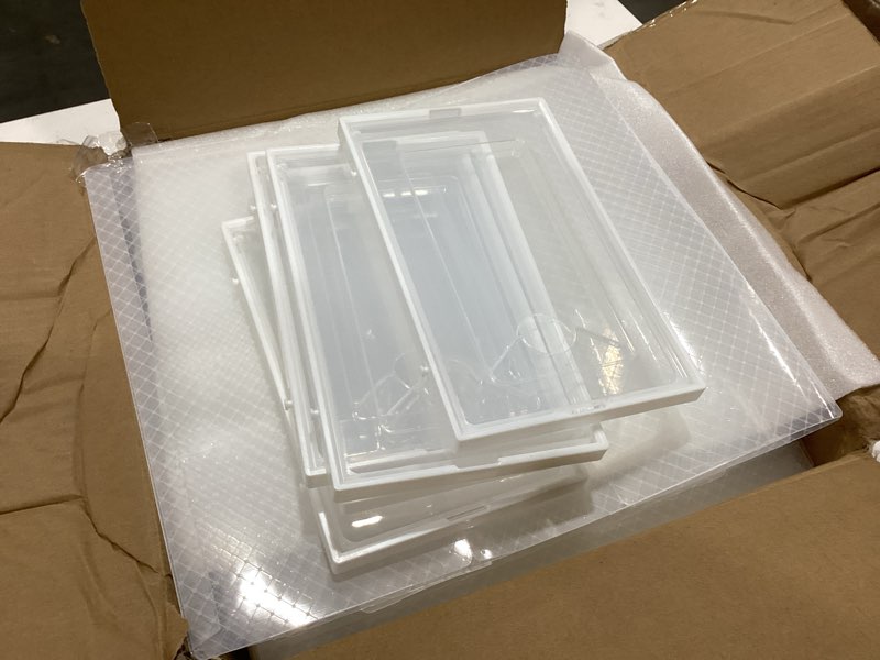 Condition photo showing As Is for meccanixity pmma shoe display case 14.17x10.63x7.87 inch pp transparent white large magnetic front door showcase stackable for closet storage organizer box fits up to size 15
