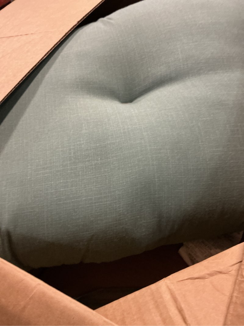 Condition photo showing As Is for arden earthfiber outdoor modern tufted bench cushion, 48 in x 18 in, patio cushion, rain-proof, fade resistant for bench or swing sage green texture