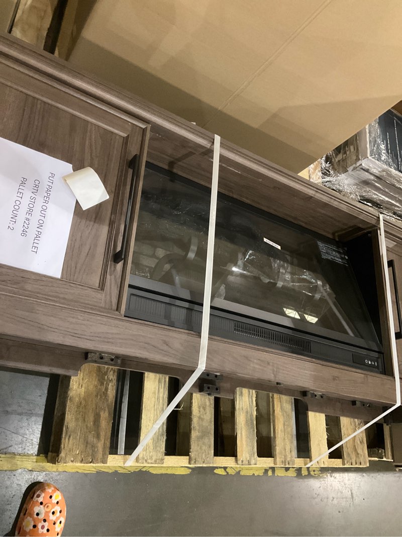 Condition photo showing As Is for allen + roth 72-in w brown walnut tv stand with infrared quartz flat wall electric fireplace