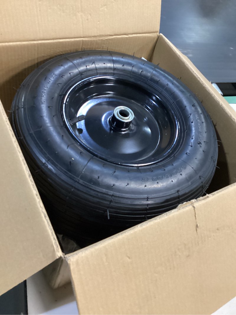 Condition photo showing Good Condition for rrq (2 pack) 4.80/4.00-8 tire and wheel, 16" pneumatic wheelbarrow tires with 3" centered hub and 3/4" bearings (comes with 5/8" id iron tube adapter), for wheelbarrow, garden cart, trailer and more