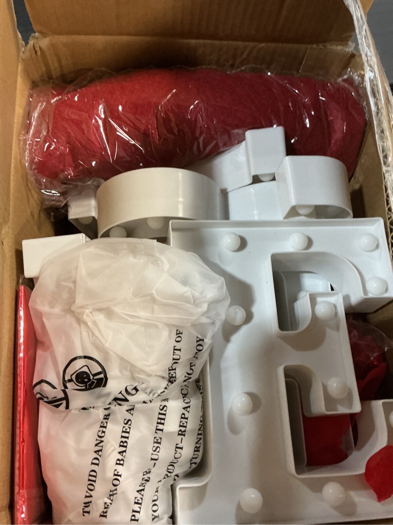 Condition photo showing As Is for marry me light up letters, with 30 tea lights candles, rose petals, red carpet, aluminum balloons, rose ring box, double sided tape, valentine's day proposal engagement wedding decorations for women