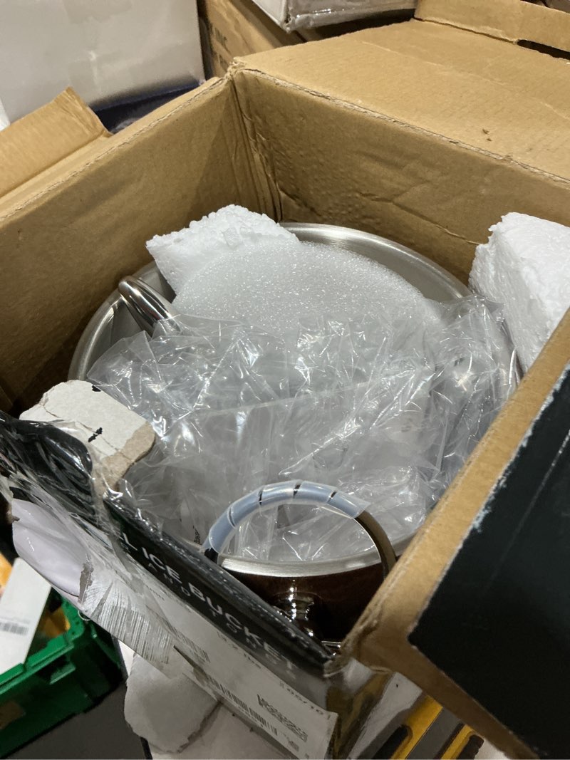 Condition photo showing As Is for ice bucket with lid, scoop, tongs and strainer - well made insulated stainless steel keep ice frozen longer - ideal for cocktail bar, parties, chilling wine, champagne - 3 liter (teakwood)