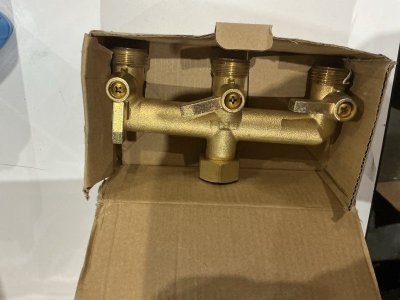 Condition photo showing As Is for EBH Brass Garden Hose Splitter, 3 Way Outdoor Faucet Splitter, 3 Long Metal Handle and Individual On/Off Valve, GHT 3/4-Inch Heavy Duty Hex Female Inlet and 3/4-Inch Male Outlet 3-Way