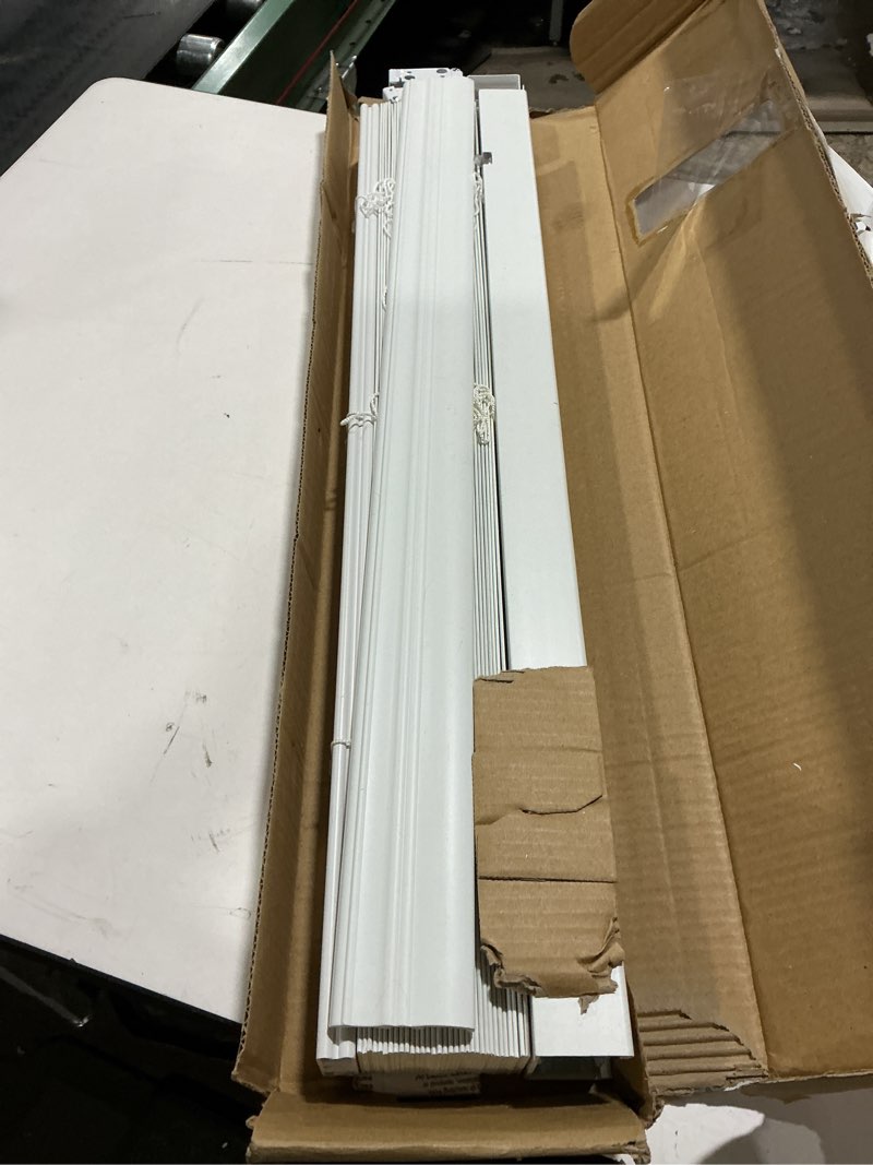 Condition photo showing As Is for allen + roth Trim at Home 2-in Slat Width 30-in x 64-in Cordless White Faux Wood Room Darkening