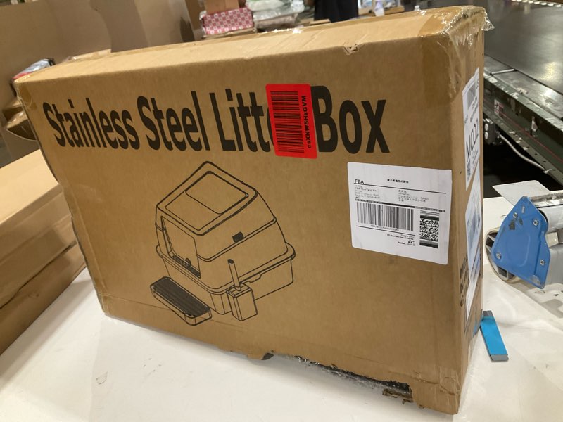 Condition photo showing Good Condition for stainless steel litter box with lid,front entry top exit kitty litterbox,extra large enclosed metal cat box with litter scoop & litter mat-black