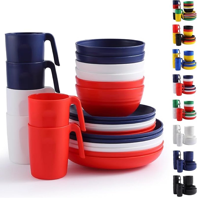 Berglander Plastic Dinnerware Sets 24pcs Service for 6, IT Color Reusable Plates and Bowls Sets, Dis Red,White and Green 