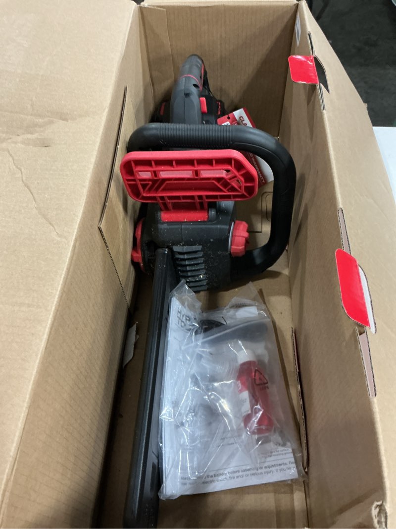 Condition photo showing As Is for hyper tough 12" 20v brushless cordless chainsaw with 20v max 4.0ah battery and charging cable