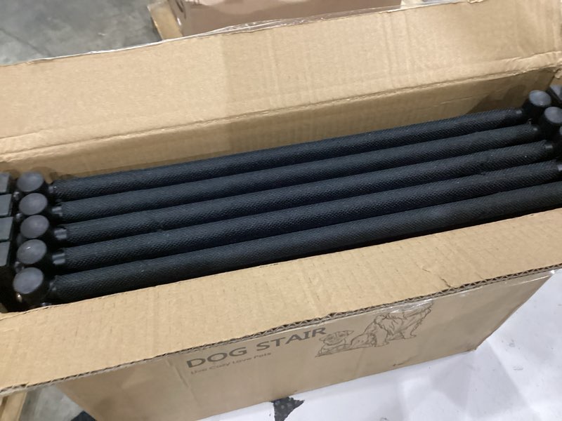Condition photo showing As Is for extra wide dog stairs for car, foldable pet steps for large dogs with non slip surface, dog ramp for truck and suv, portable pet stairs supports up to 150 lbs (5 steps) extra wide 5 steps(19"x15"x5") metal