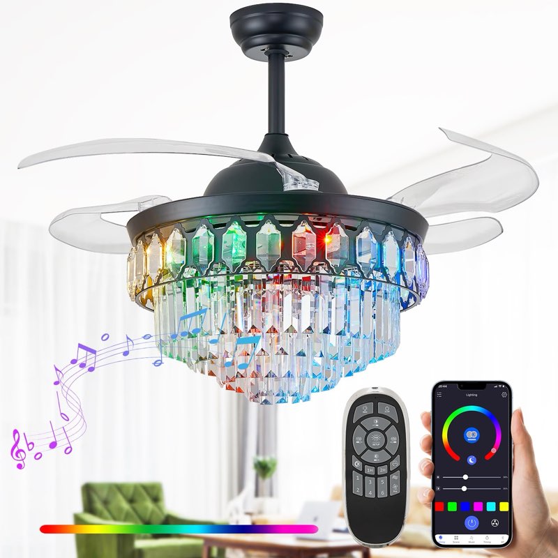 Zynfandor 48" RGB Ceiling Fan with Light and Music Player,Bluetooth Retractable Blades Crystal Fande