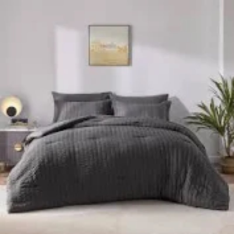 CozyLux Oversized Queen Comforter Set Dark Grey Seersucker 7 Pieces 98x98 Bed in a Bag Comforter Set